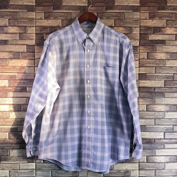 Men's Pre Owned Brooks Brother Blue & Purple Plaid Shirt Large - Picture 1 of 9